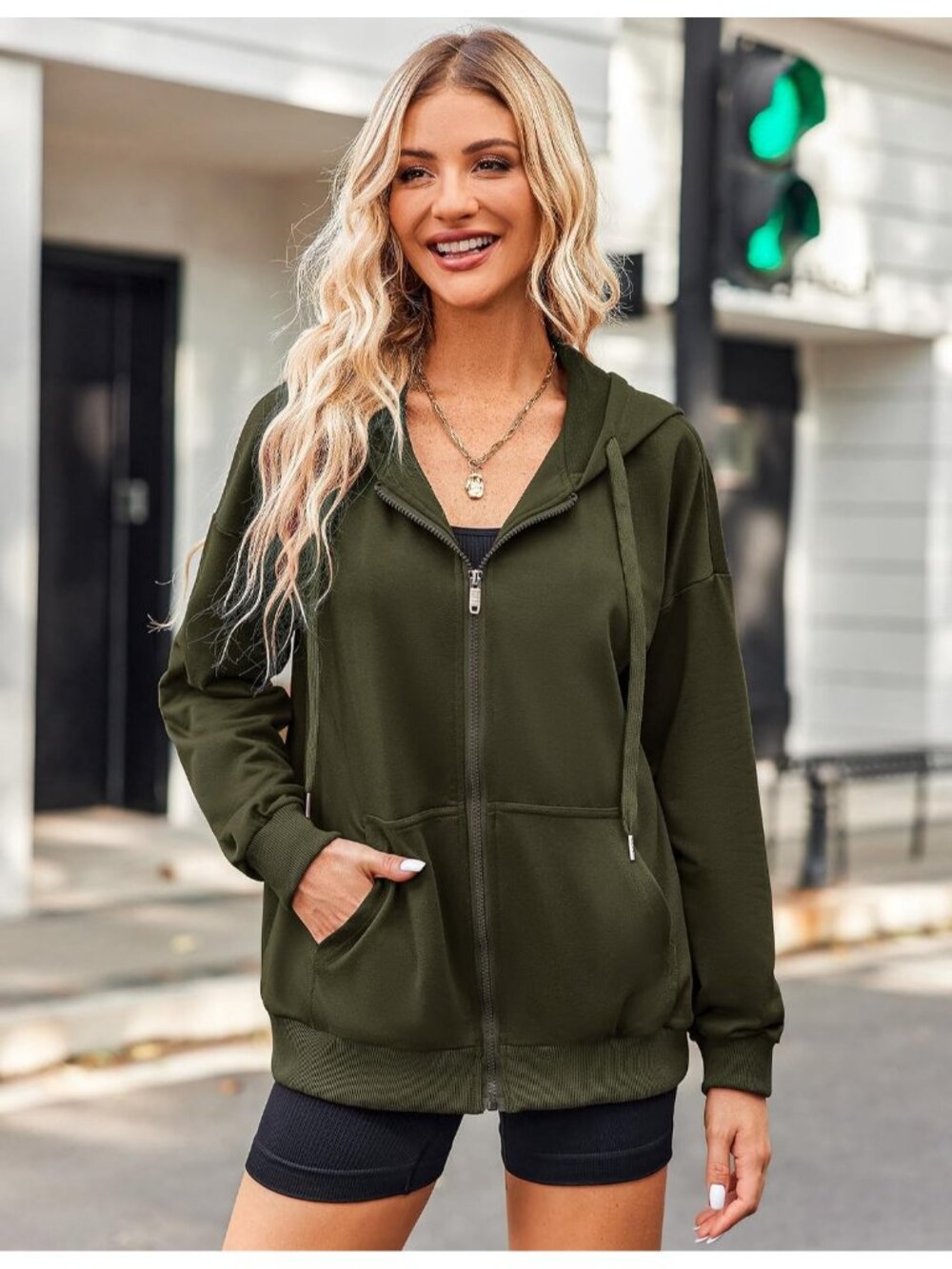 〽️Women's Green Oversized Hoodie Full Zip Lightweight Long Sleeve Casual Jacket - Picture 4 of 6